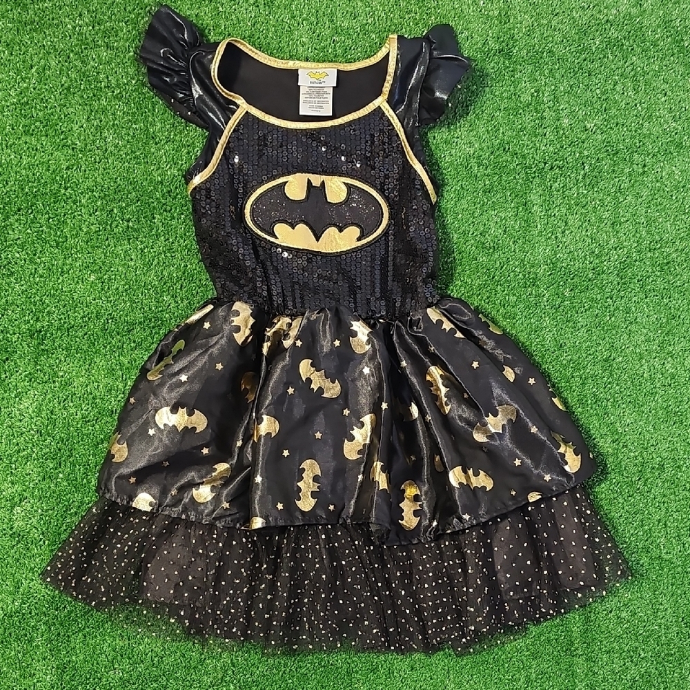 Girls Small Batgirl Black & Gold Sequin Mesh Tutu Dress Costume Preowned